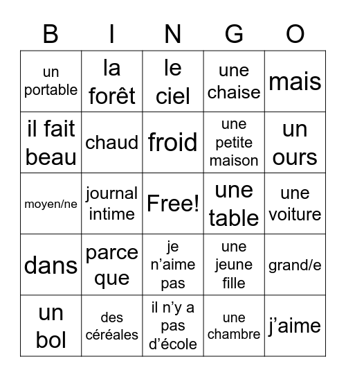 Boucle d'Or Bingo Card