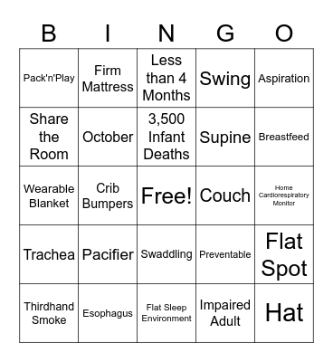Infant Safe Sleep Bingo Card