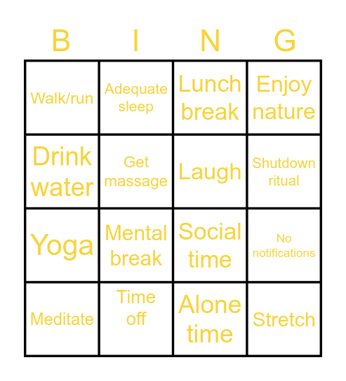 Well-being Bingo Card