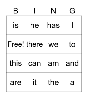 sight words Bingo Card