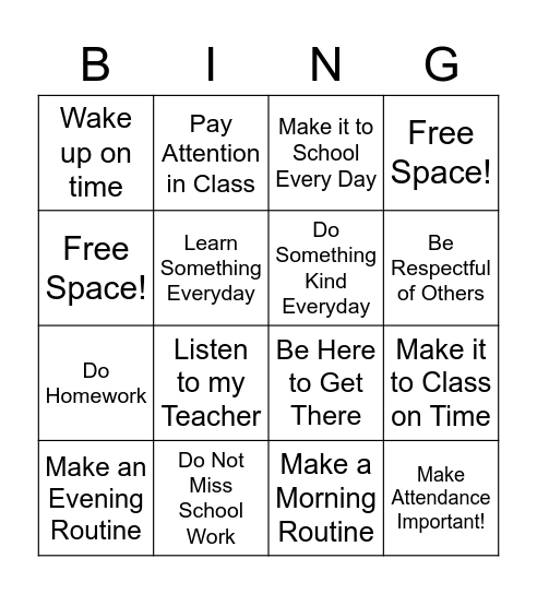 School Attendance Bingo Card