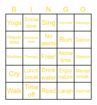 Well-Being Bingo Card