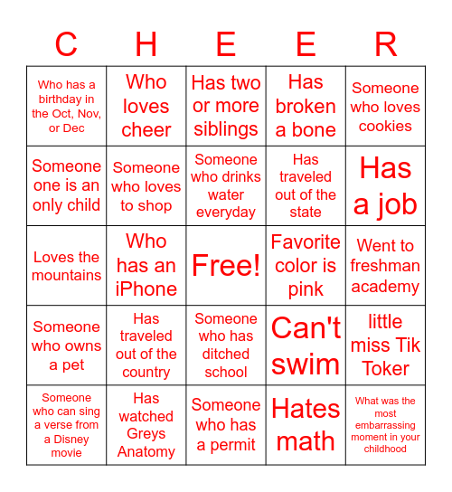 Bonding Bingo Card