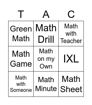 MATH Tic Tac Toe Bingo Card