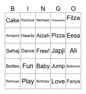Eesa’s Birthday Bingo Card
