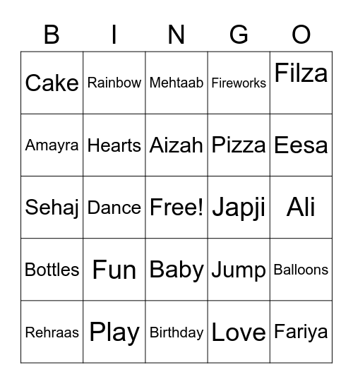 Eesa’s Birthday Bingo Card