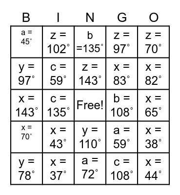 ANGLE PAIR RELATIONSHIPS Bingo Card