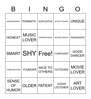 DATIING BINGO Card
