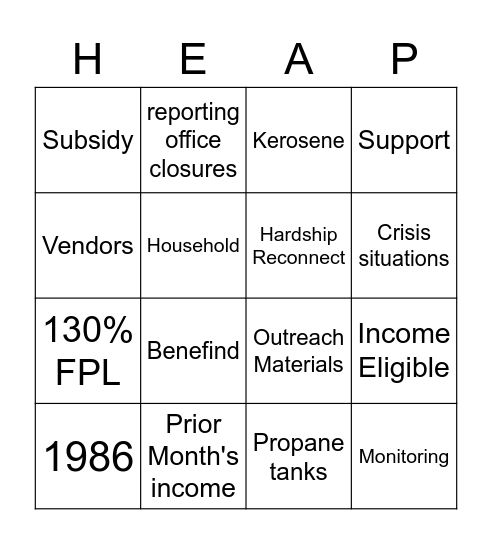 LIHEAP Bingo Card