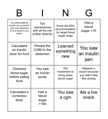 Diabetes Bingo Card