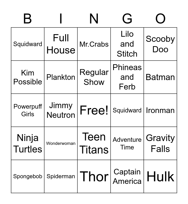 Cartoon Bingo Card