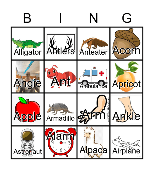 Letter A Bingo Card