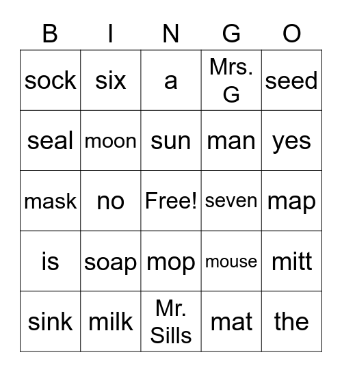 First Grade (M,S) Vocabulary Bingo Card