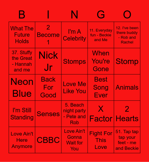 Red - Jenny Bingo Card