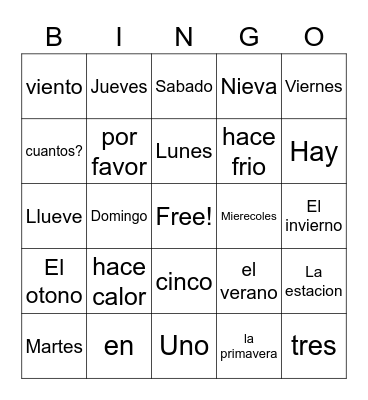 Random Spanish Words Bingo Card