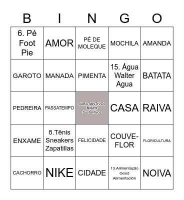 TIPOS SUBSTANTIVOS Bingo Card