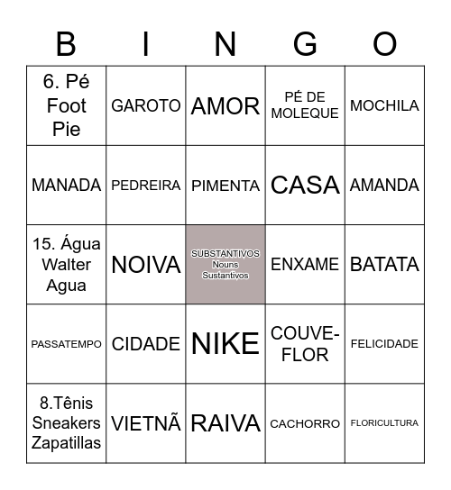 TIPOS SUBSTANTIVOS Bingo Card