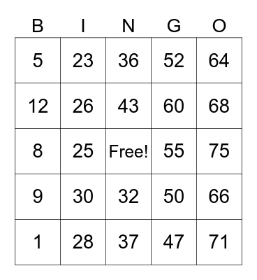 Number Bingo 1-75 Bingo Card
