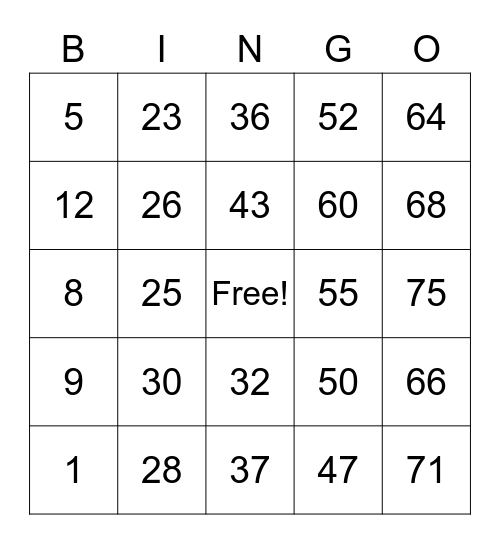 Number Bingo 1-75 Bingo Card