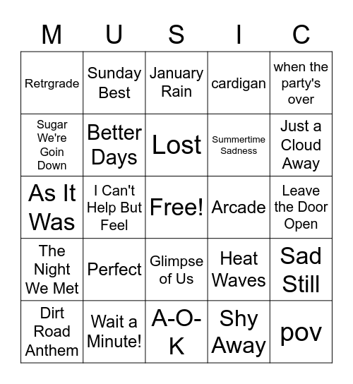 Music Bingo! Bingo Card