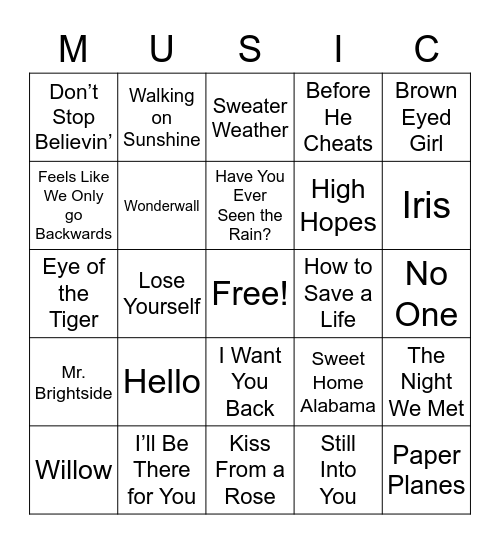 Music Bingo Card