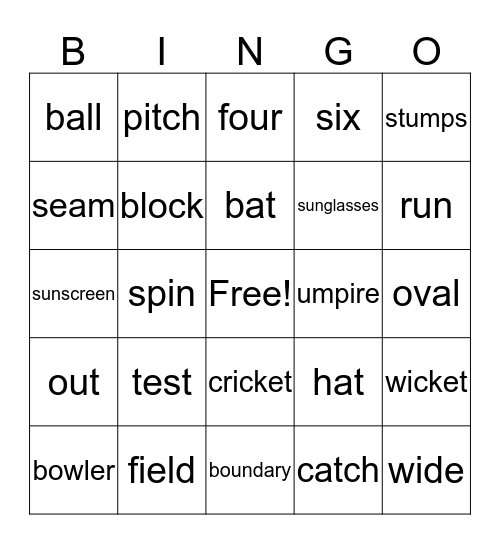 Cricket Bingo Card