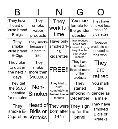 E-Cig Bingo Card