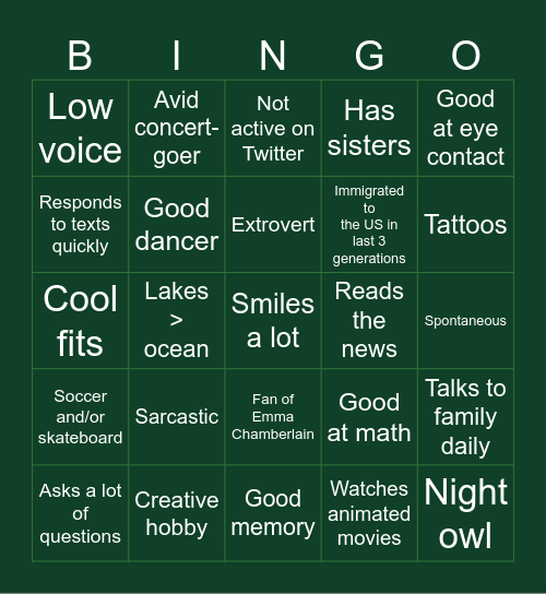 julie’s type Bingo Card
