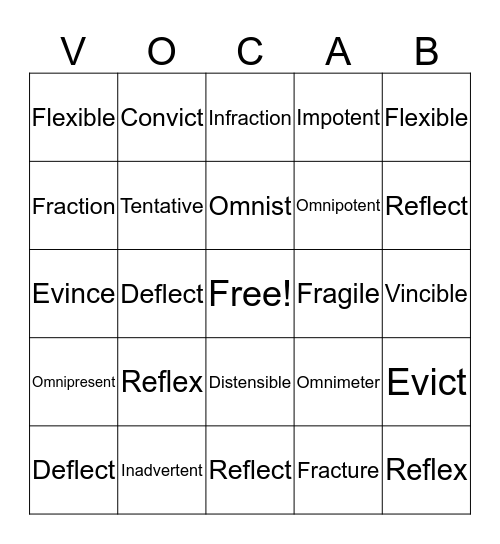 Unit 2 Vocabulary Bingo Card