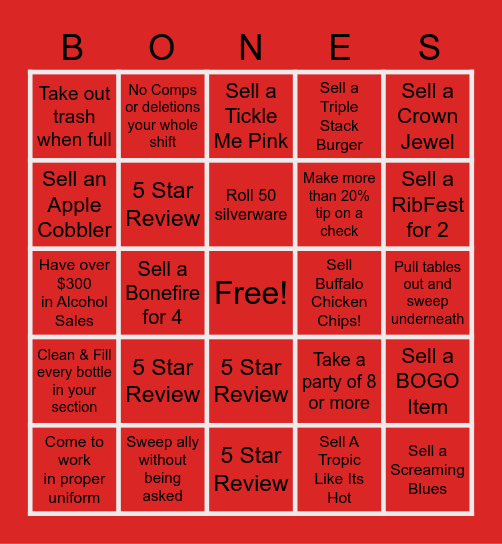 Smokey Bones Bingo Card