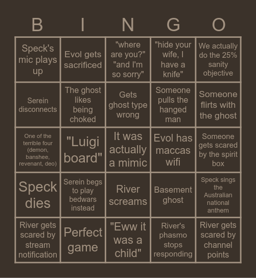 Phasmophobia bingo Card