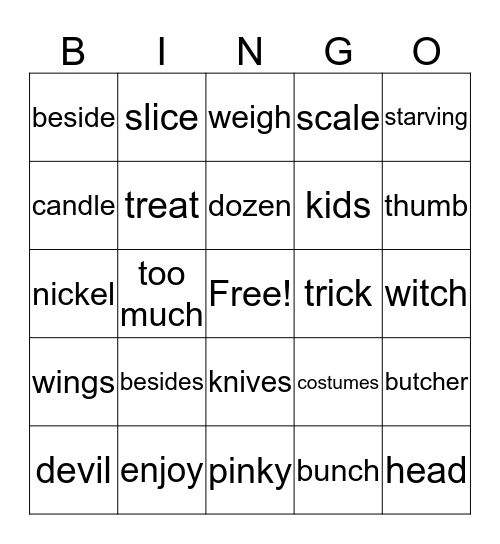 Vocabulary Bingo Card