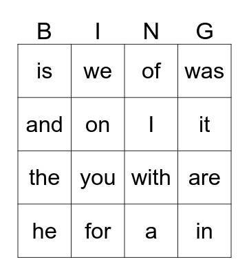 Sight Words 1 - 20 Bingo Card