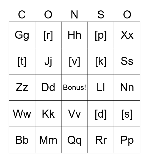 Consonants Bingo Card