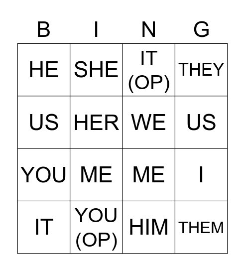 Object Pronoun BINGO Card