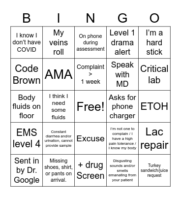 ER Bingo Card