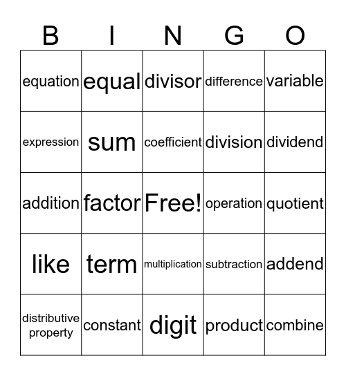 Math Vocabulary Bingo Card