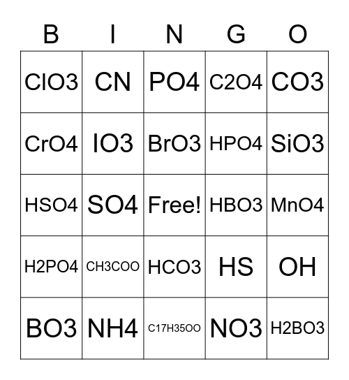 Polyatomic Bingo Card