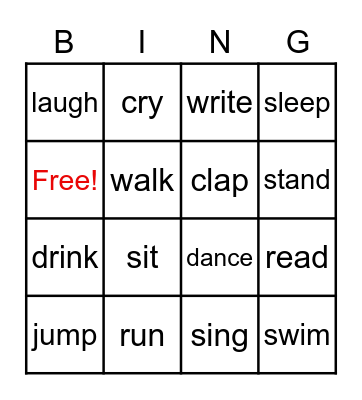 Action Verb Bingo Card
