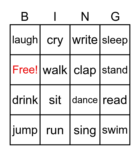 Action Verb Bingo Card