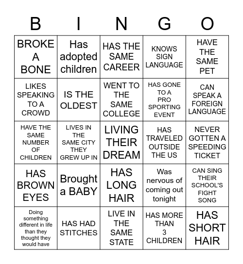 Reunion Bingo Card