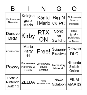 Nintendo 2022 Bingo Card