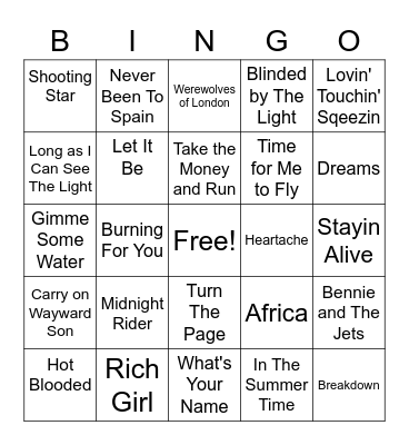 70's Classic Rock Hits Bingo Card