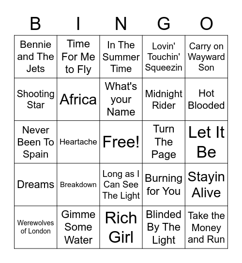 70's Classic Rock Hits Bingo Card