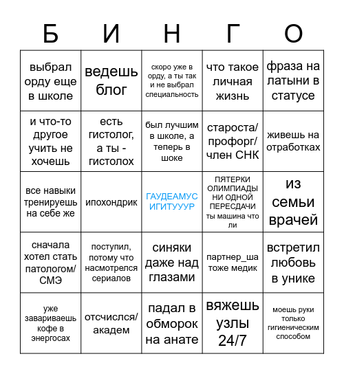 УЧЕБА В МЕДЕ Bingo Card