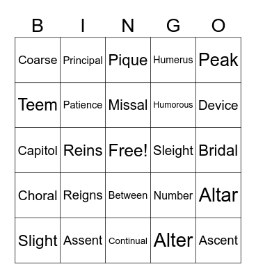 Weeks 2-7 Vocabulary BINGO Card