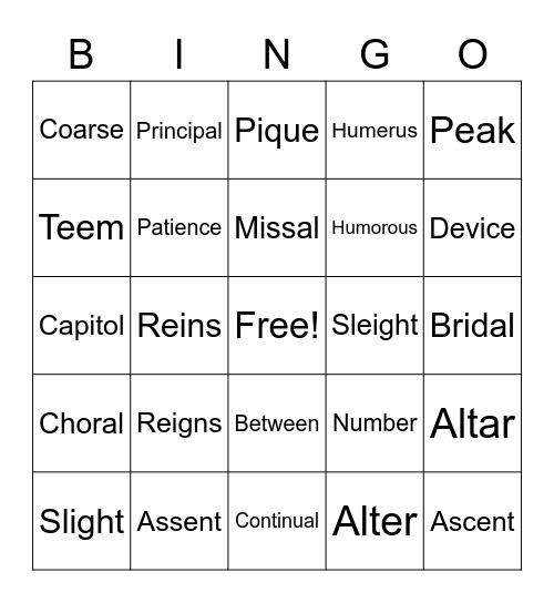 Weeks 2-7 Vocabulary BINGO Card