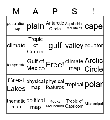 Climate, Maps, and Landforms Review Bingo Card