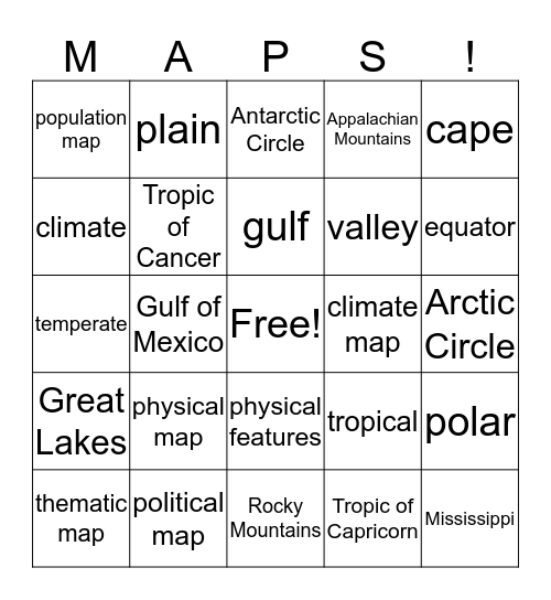 Climate, Maps, and Landforms Review Bingo Card