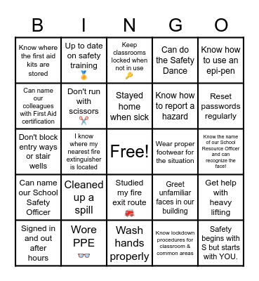 Staff Safety Bingo Card